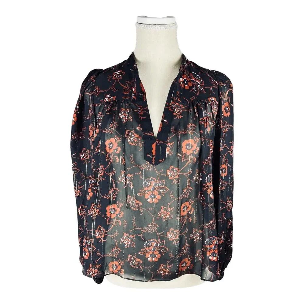 Ulla Johnson Constance Noir Floral Metallic Silk Blouse NWT Size 0